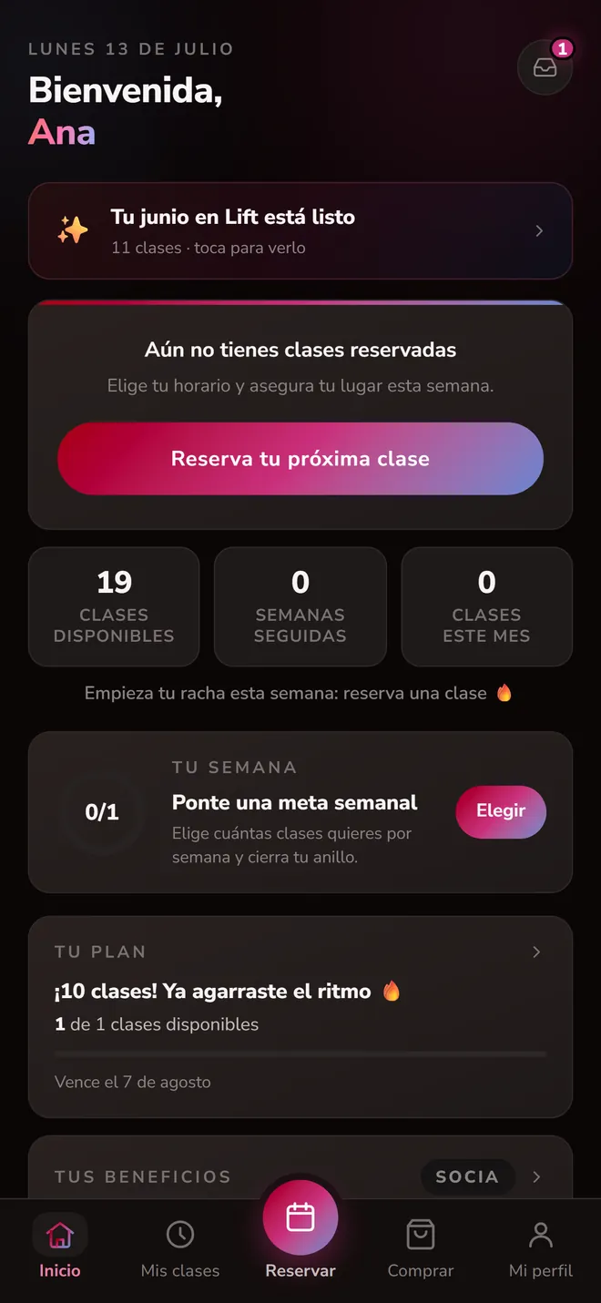 Pantalla de inicio de LIFT+: el saludo a la socia, su racha de semanas seguidas y las clases que le quedan.
